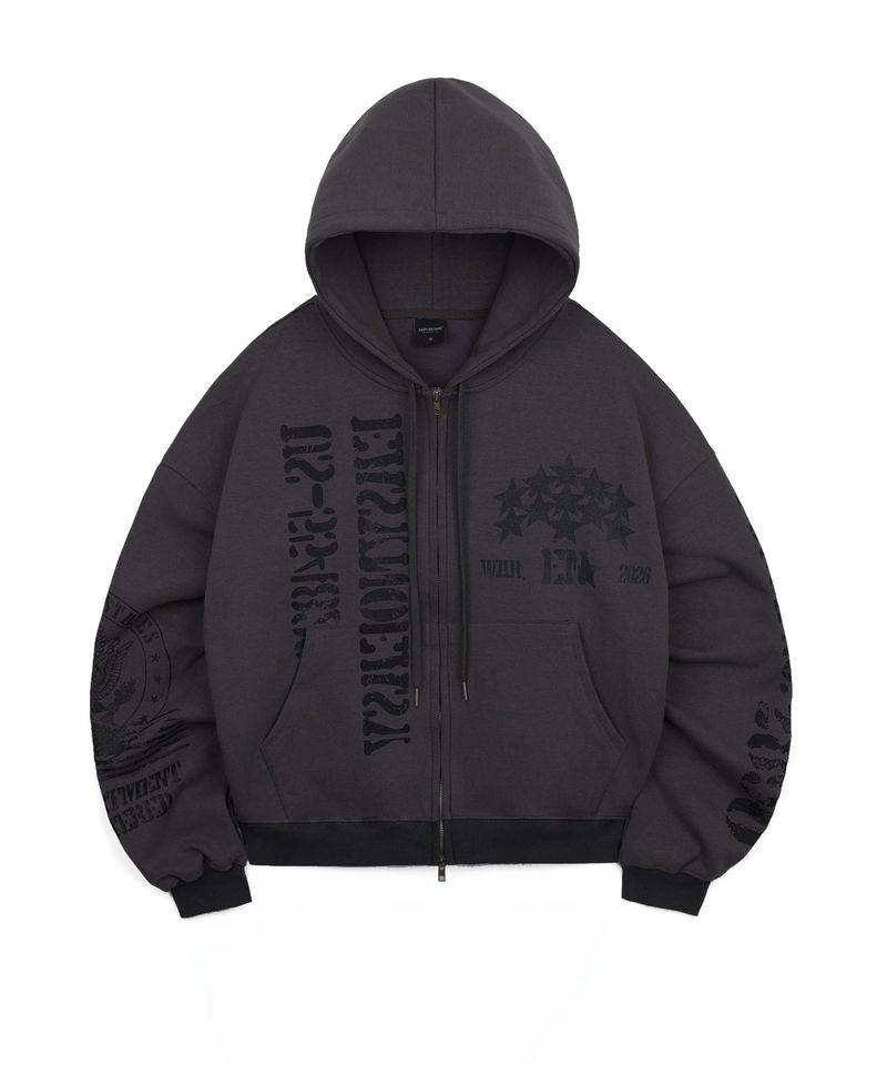 Marine Crack Print Hooded Zip-Up - Charcoal