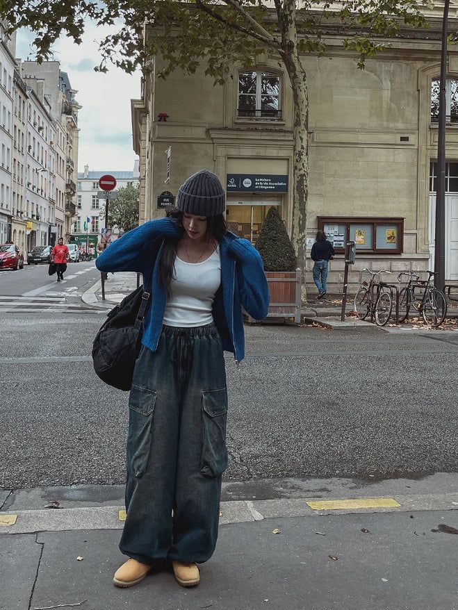 Hip 3D cargo denim banding pants