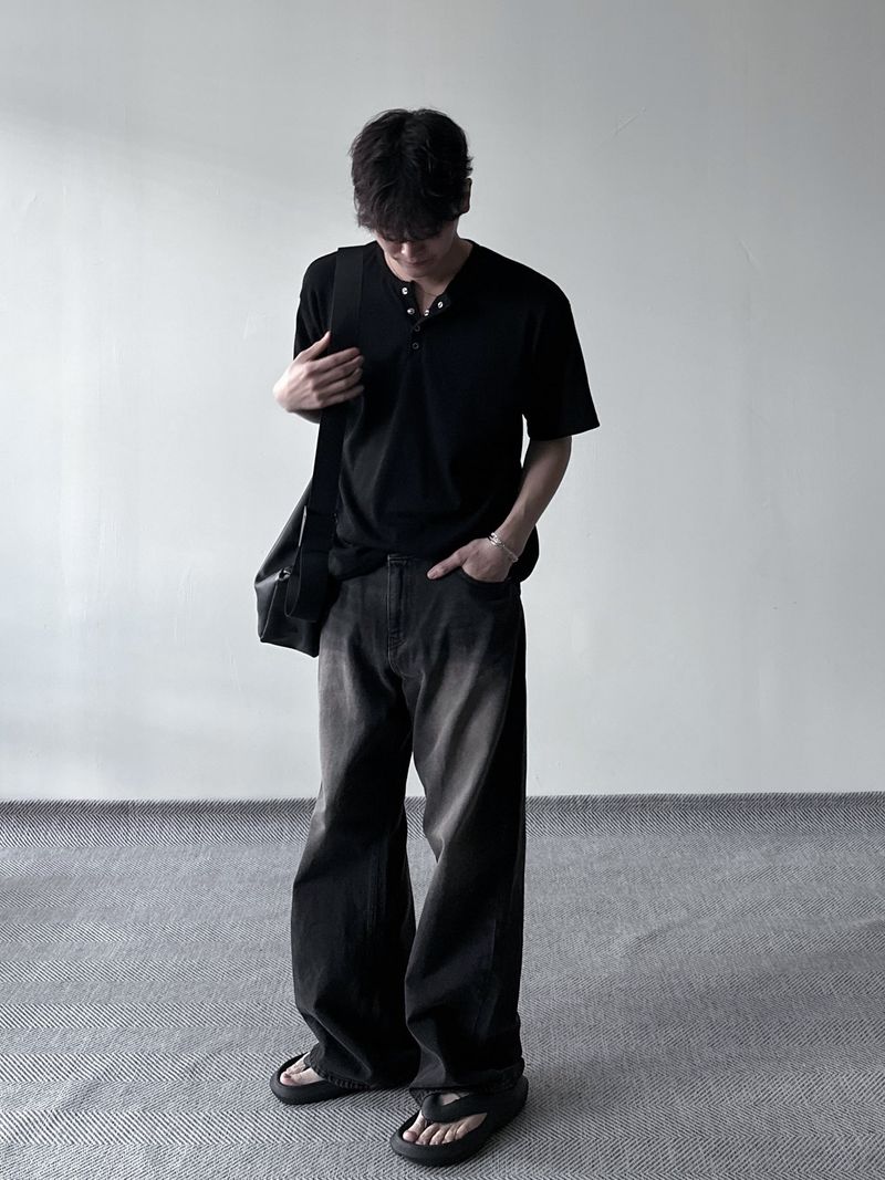 ワッフルヘンリーネックハーフTシャツ
