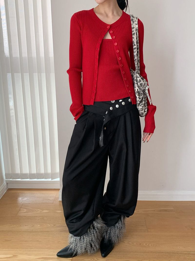 Color Round Neck Ribbed Button Cardigan