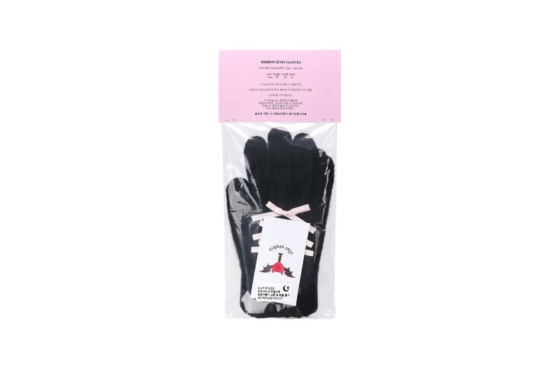 0 4 ribbon knit gloves - BLACK/PINK