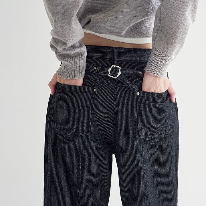 [Made] Katen Bizo Strap Stripe Wide Denim Pants - 2 Colors