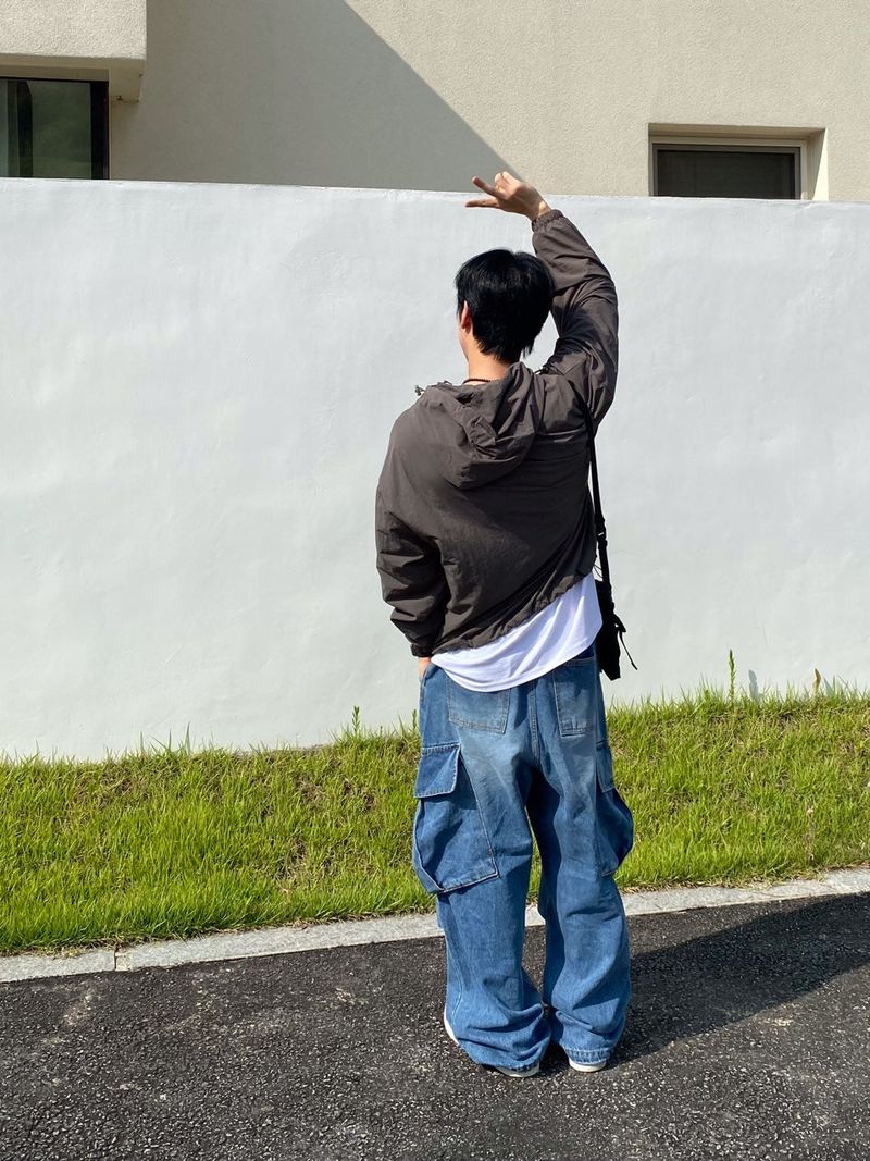 Washing diagonal balloon cargo denim pants 2C
