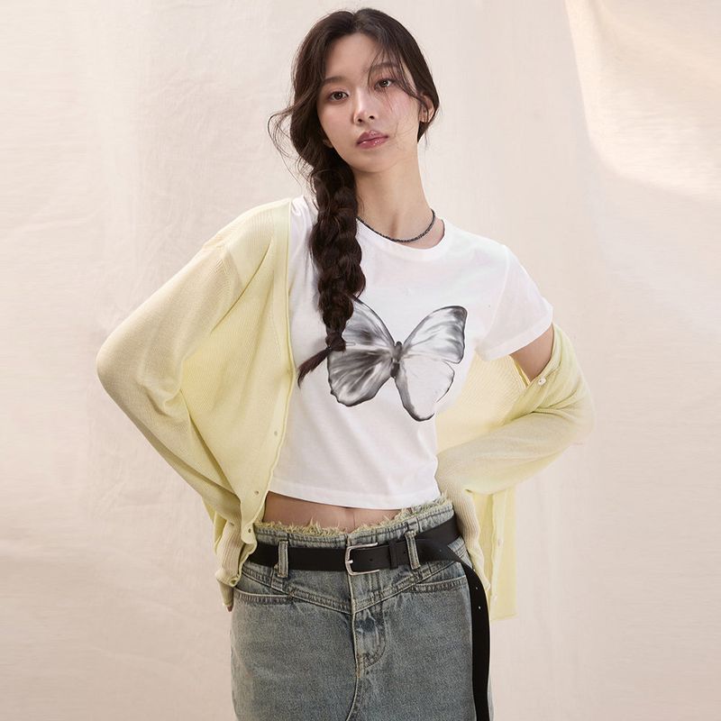 BUTTERFLY SOFT COLORING CROP TOP_WHITE BLACK