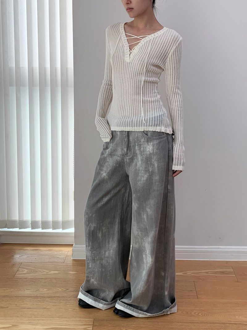 Gray washed wide cotton pants