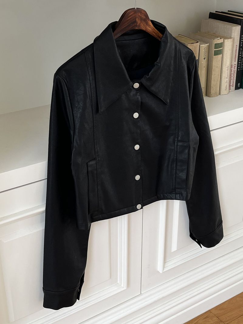 [MADE] Lawson wide collar slim crop crack leather leather jacket
