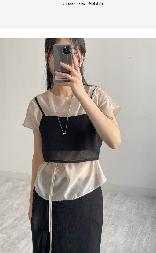 [Strap SET] Draped Shirred See-through Short Sleeve Blouse