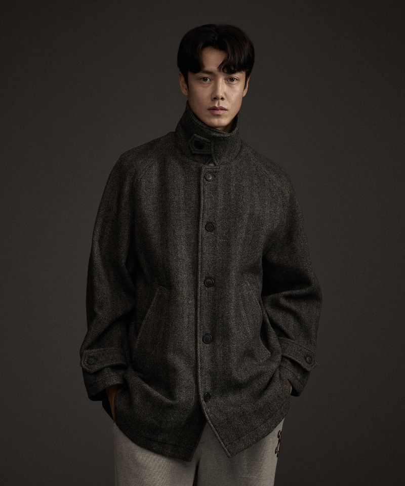 BALMACAAN HERRINGBONE WOOL CASHMERE HALF COAT BLACK