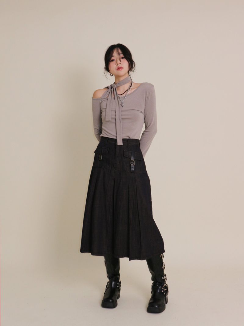 (Napping T-shirt) Euren One Shoulder Ribbon Tie Long-Sleeved Warmer T-Shirt