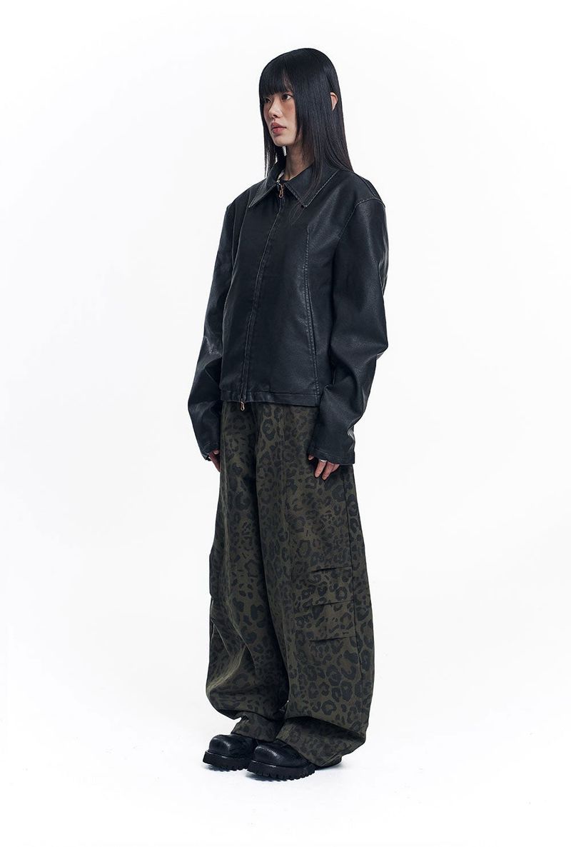 Washed Leather Crop Jacket - Black
