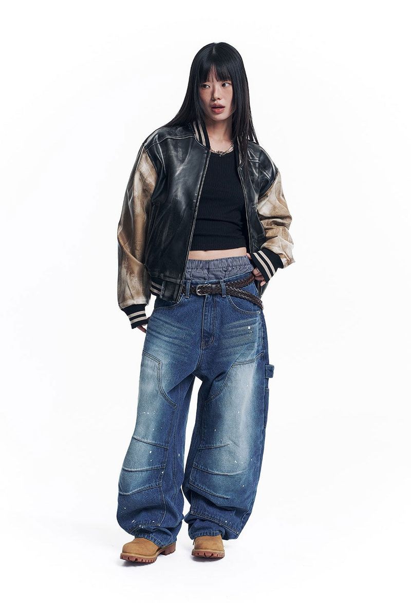 Dirty Washed Leather Varsity Jacket - Black