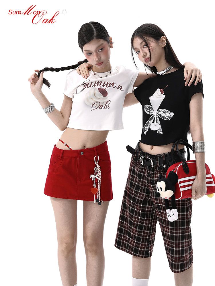 summon oak（サモンオーク）の「Summon Oak Y2K Style Waist-Cinching Slim-Fit Printed Crop Top, Straight Shoulder Round-Neck Short-Sleeve T-Shirt for Women（Tops）」