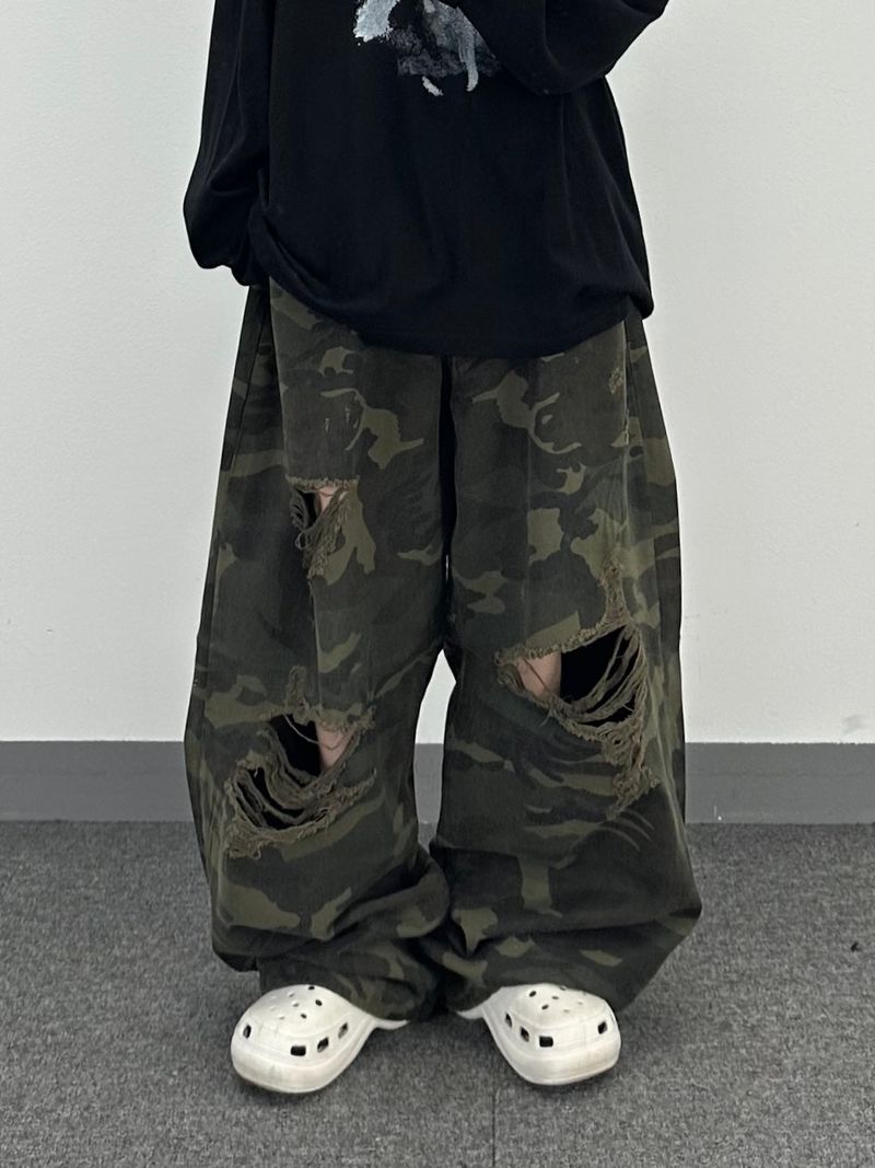 camo bio washed distressed pants