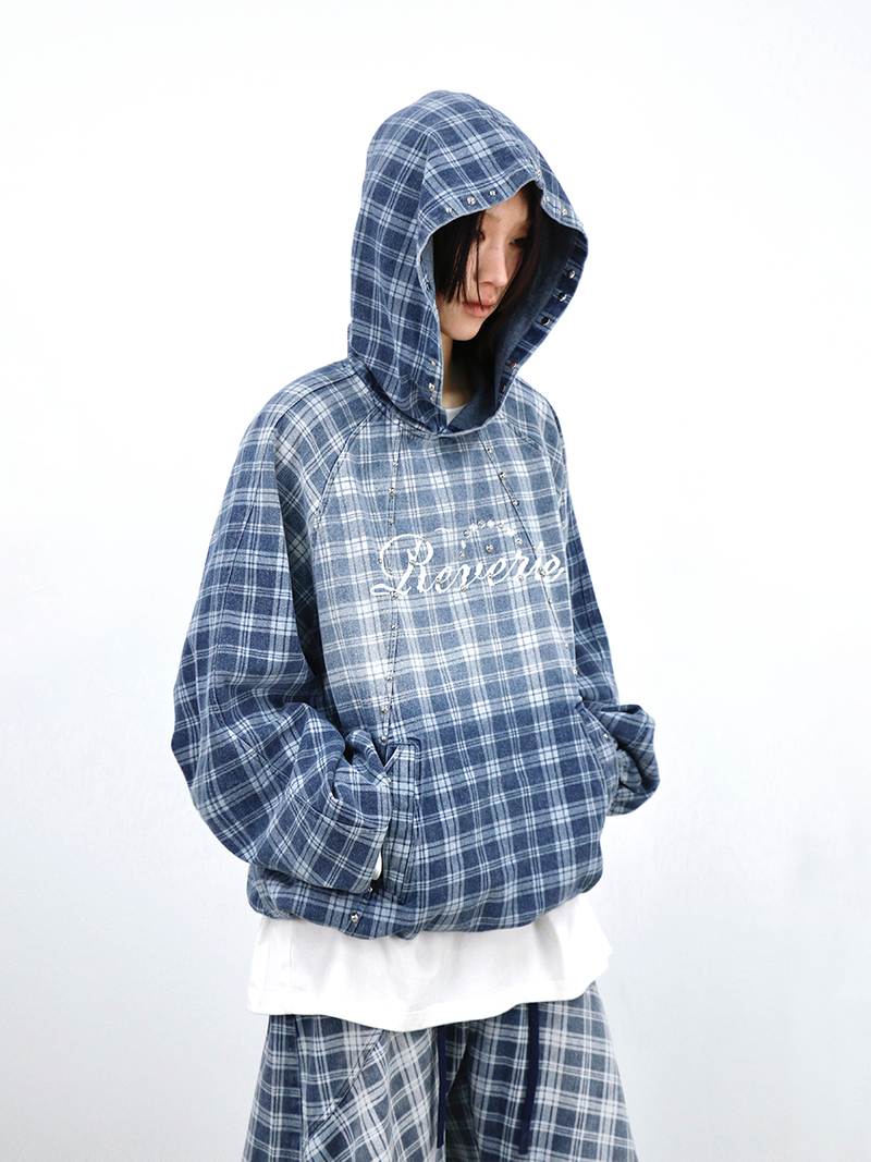 RELABEL (Gemeng) Stud-embellished, printed, gradient-wash checked hooded denim sweatshirt