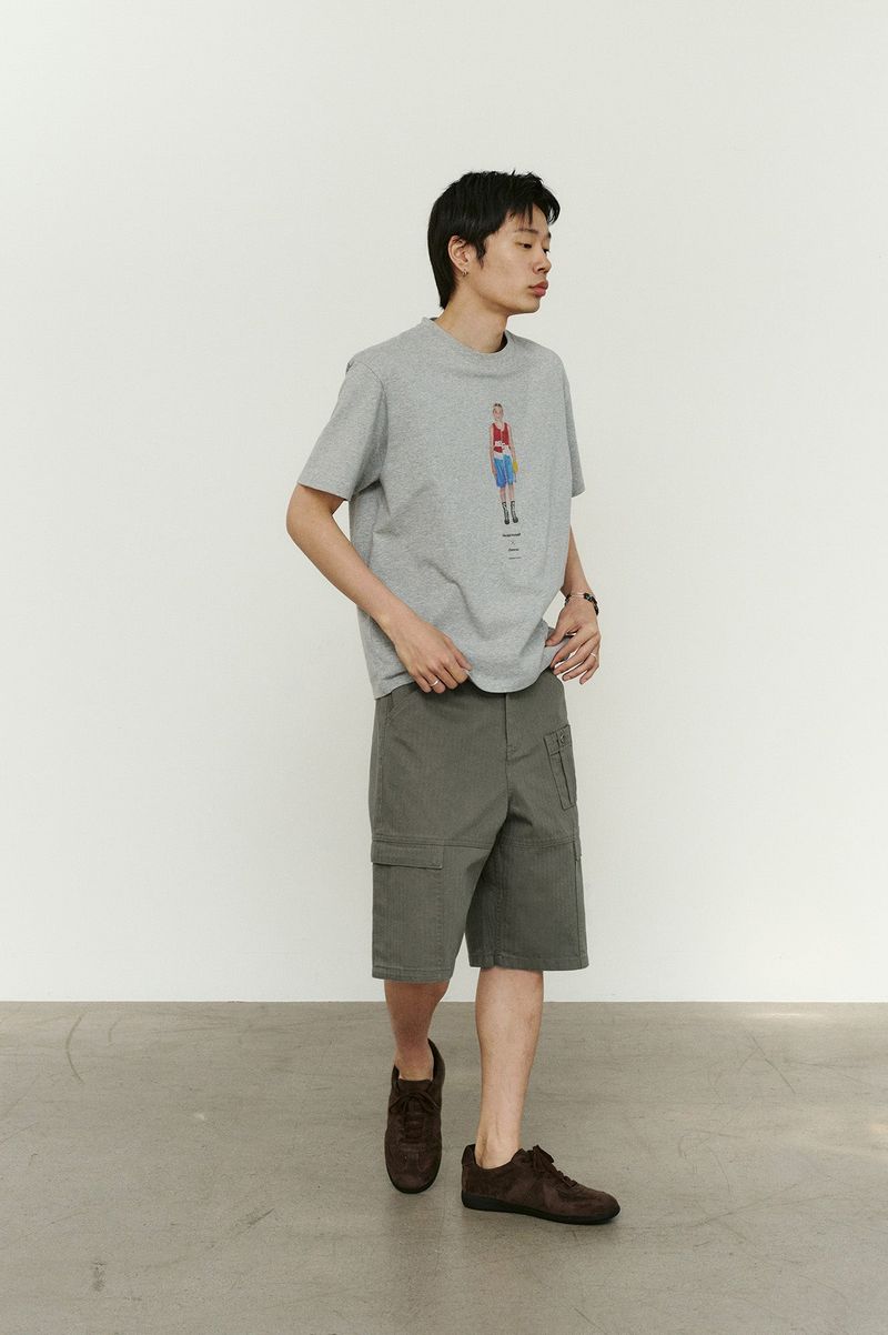 パネルドカーゴポケットヘリンボーンツイルショーツ (Washed Khaki)