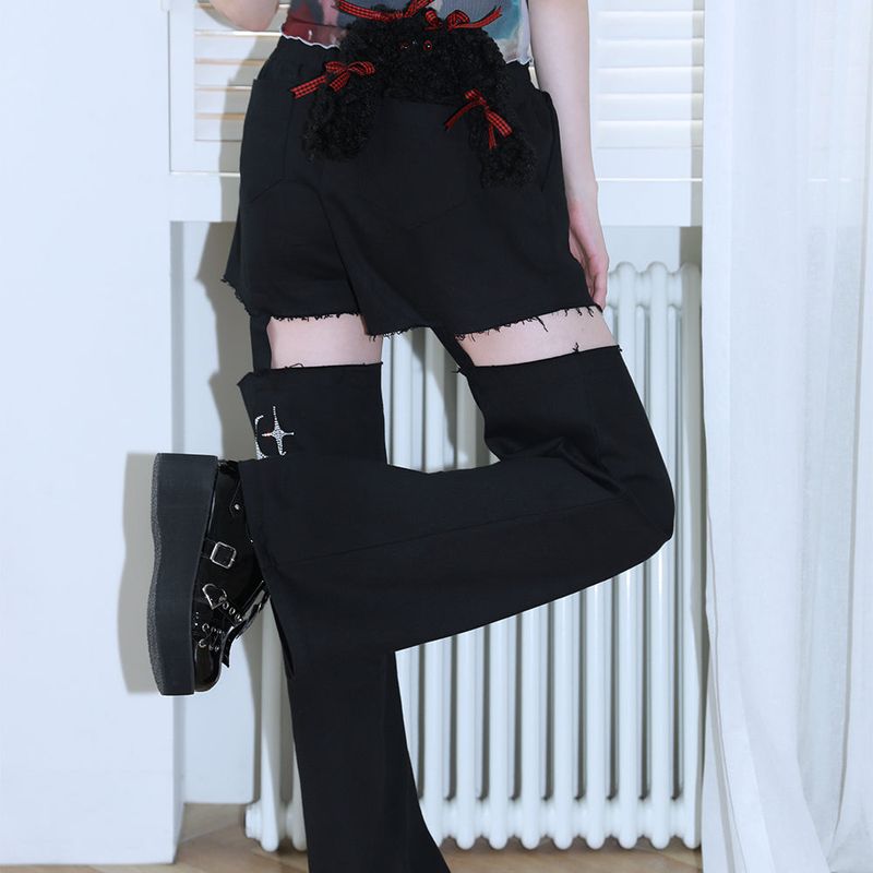 1 1 denim cut out pants - BLACK