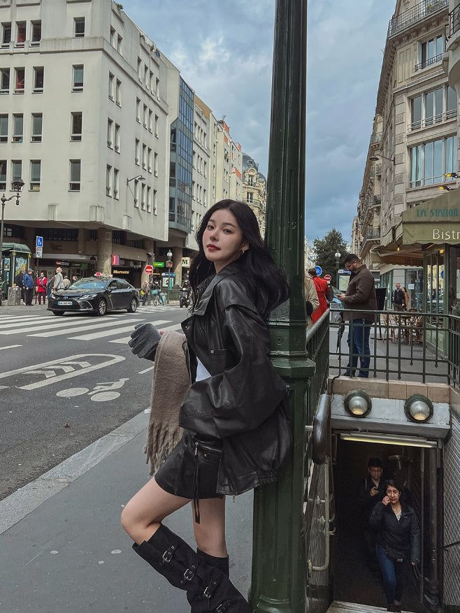 Teen vintage puffer work leather jacket