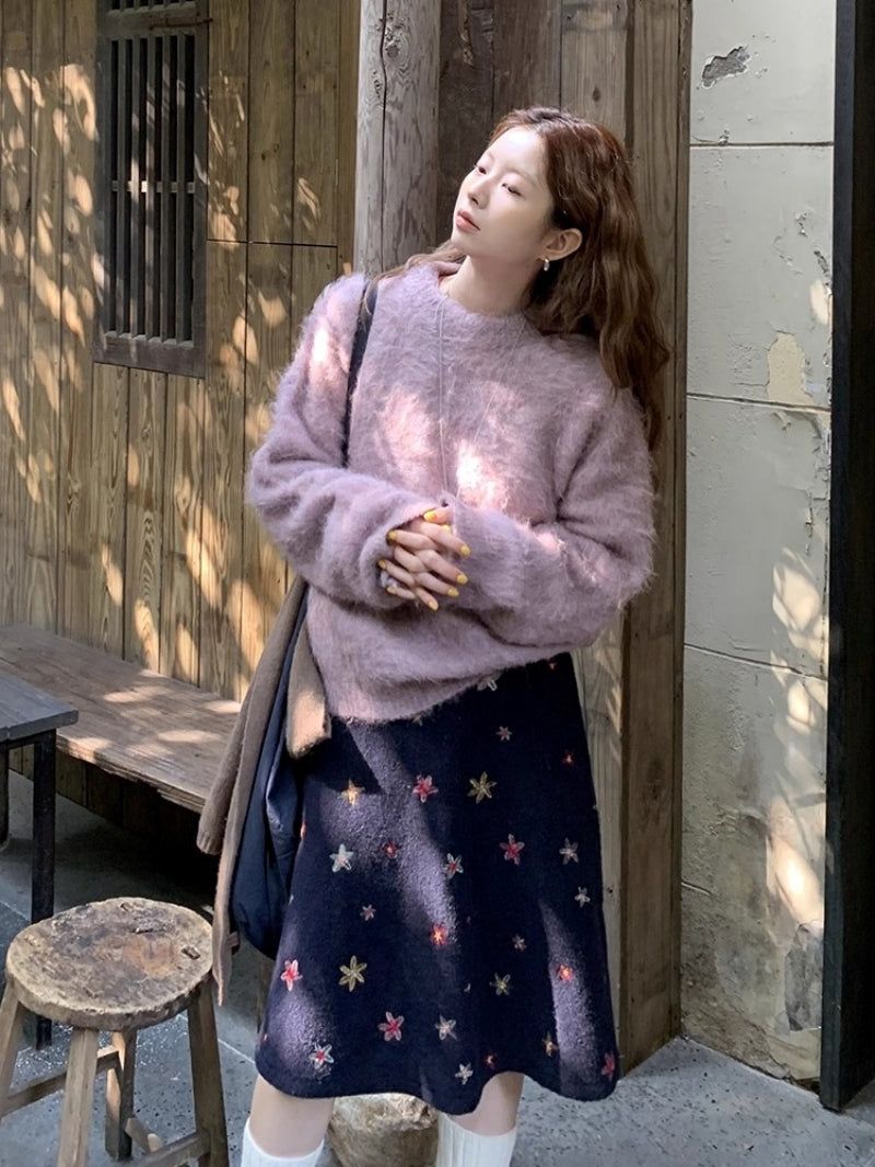 floral embroidered flare wool midi skirt