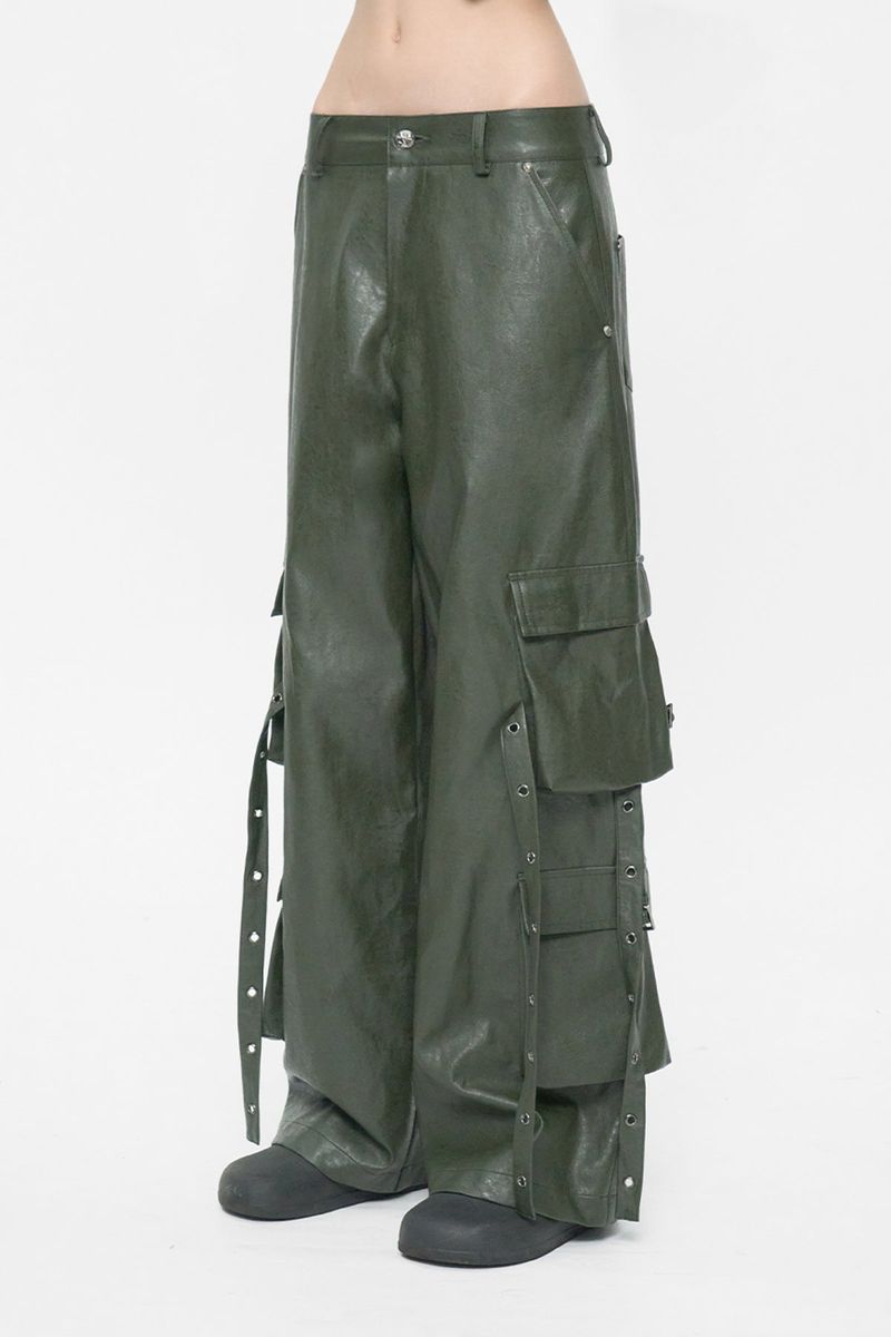 EYELET CARGO LEATHER PANTS KHAKI