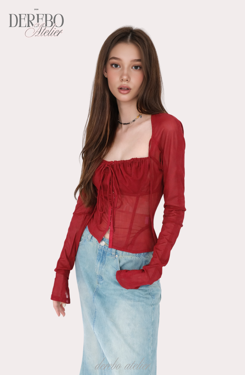 red square chiffon long-sleeve blouse