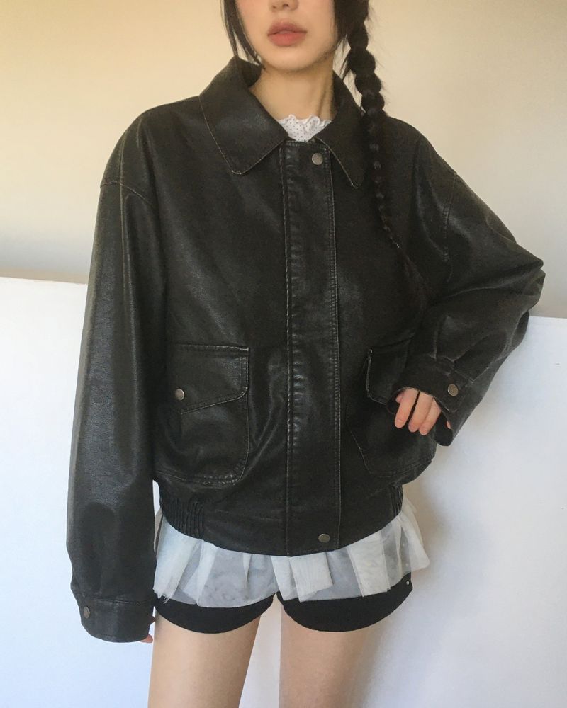 [MADE] Bloom Vintage Washing Pocket Oversized Leather Jacket