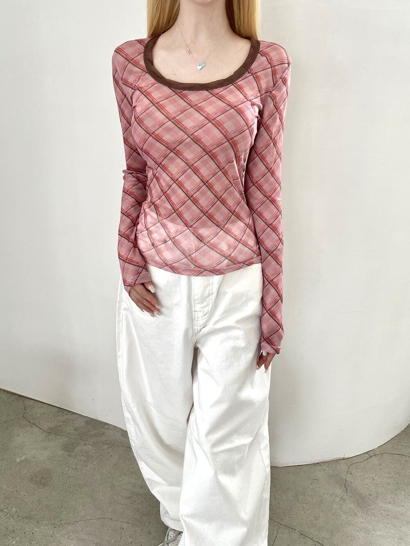 1464. Check mesh long sleeve T (2color)
