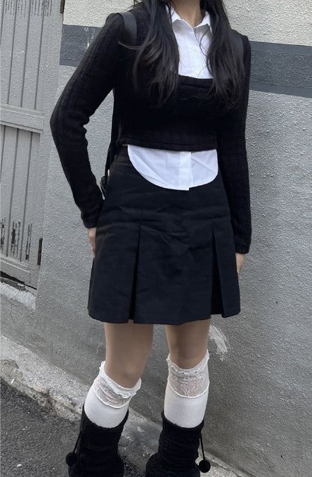 School Look Shirt Cardigan Layered Set