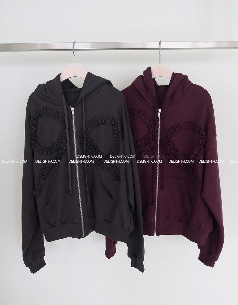ribbon frill hooded zip-up jacket