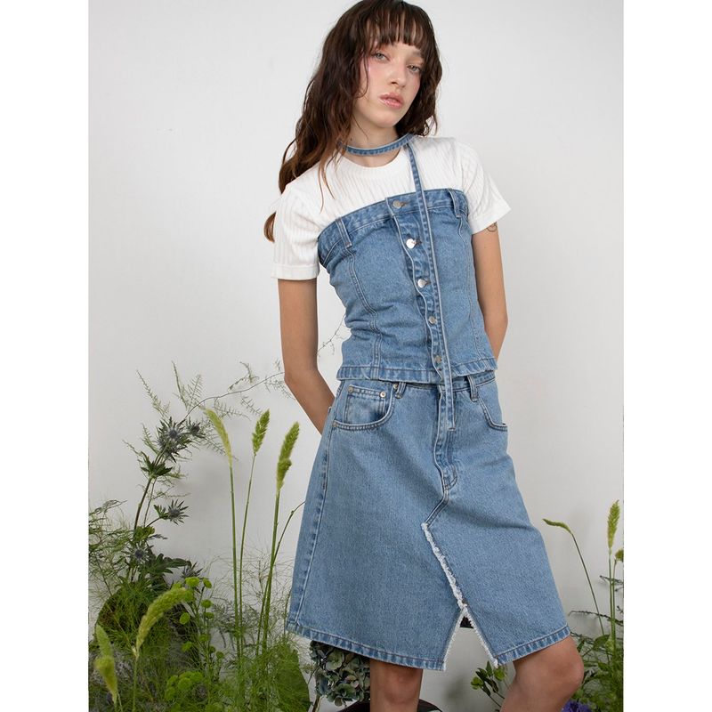 SCARF DENIM TUBE TOP - SKY BLUE