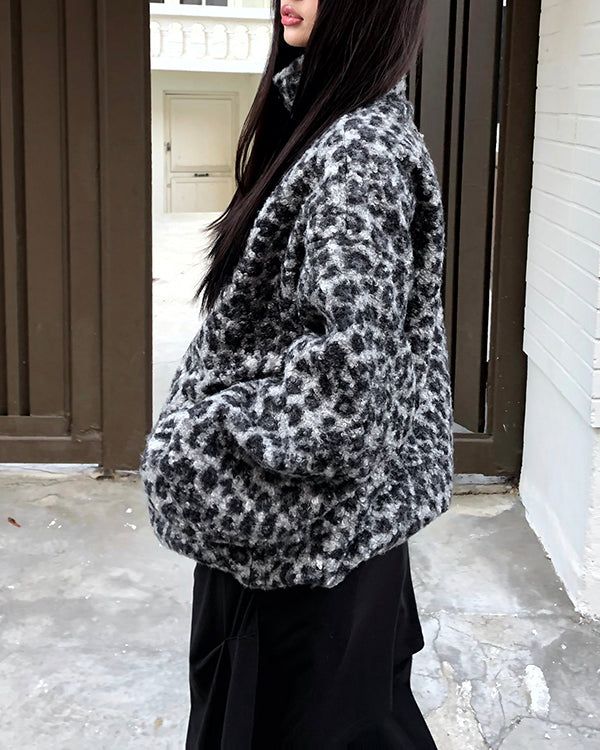 Boran Leopard Teddy Fur Loose Zip-Up Jumper
