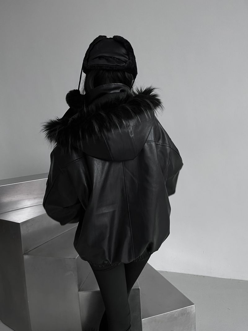 overfit fur hood leather jacket