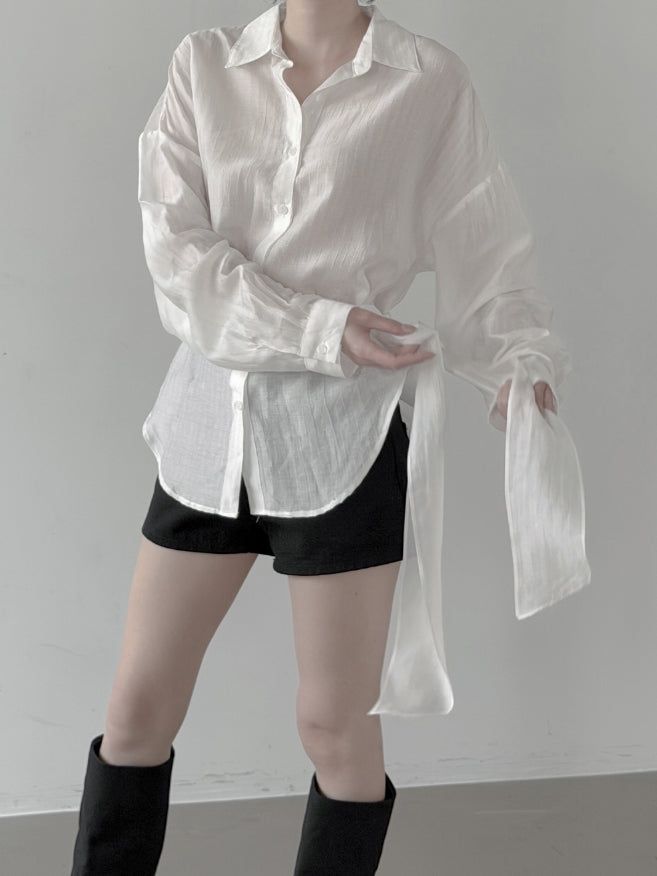 Sie Knot See-through Wrap Shirt Blouse
