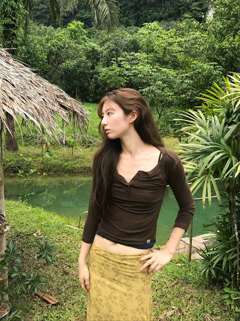 3/4 Rib Henley Neck Button T (Brown)