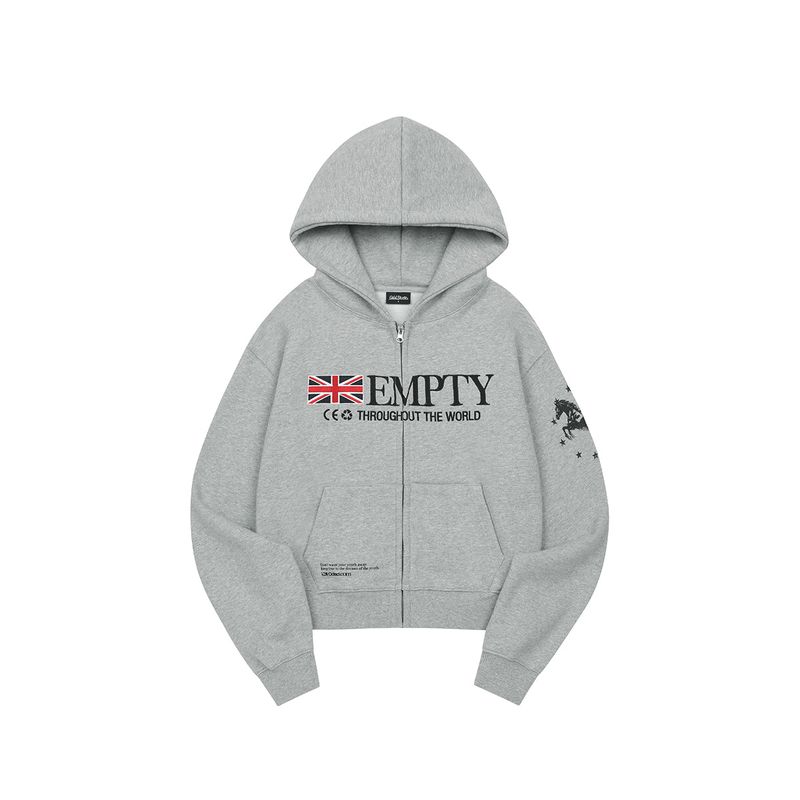 ODDSTUDIO（オッドスタジオ）の「EMPTY グラフィックエンブロイダードクロップジップアップフーディ -ミランジェグレー（トップス）」