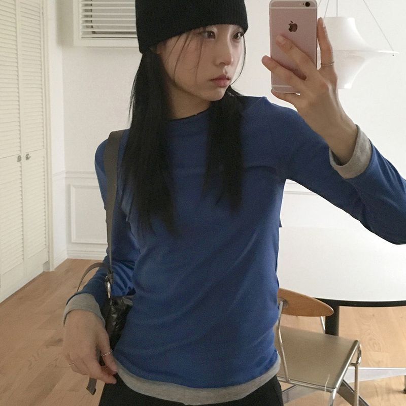 Arts color combination layered integrated crop long sleeve t-shirt