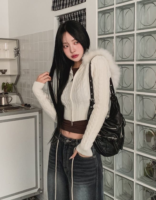 Rinco Cable Knit Fur Hood Zip-Up