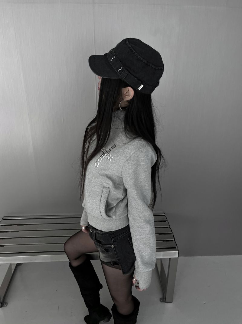 cross stud diagonal warmer zip-up (fleece-lined / 2color)