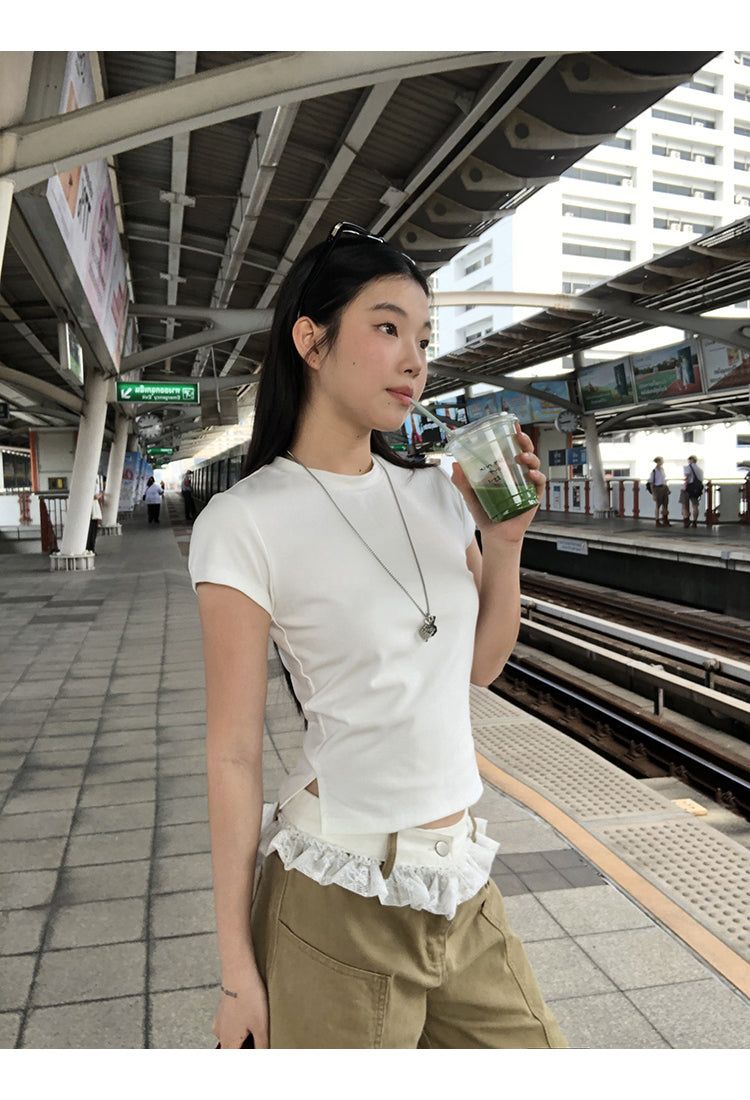 Lace Beige Round Wide Cotton Pants