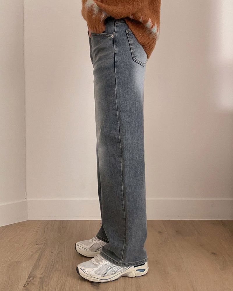 Fleece wide denim pants