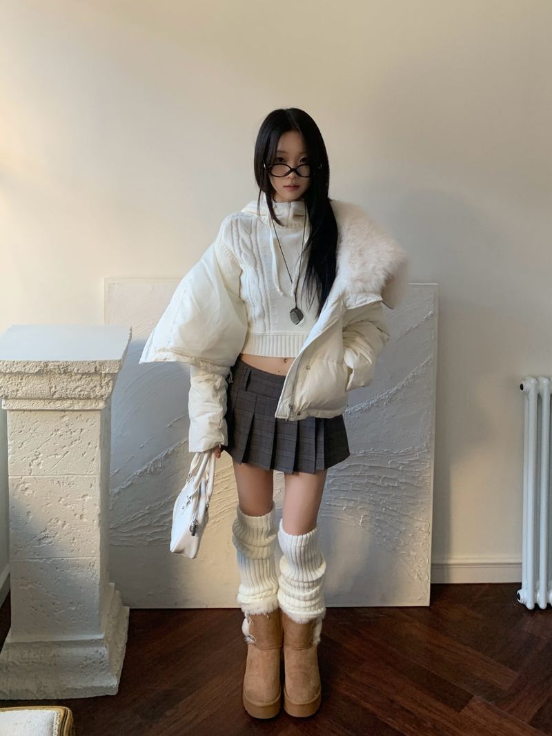 Ice Bloom Fur-Collar Duck Down Short Puffer