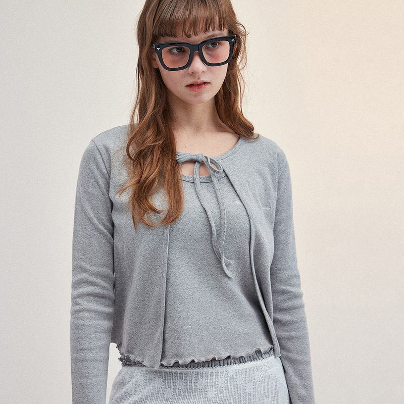 RIBBON PUNCHING CARDIGAN_GRAY