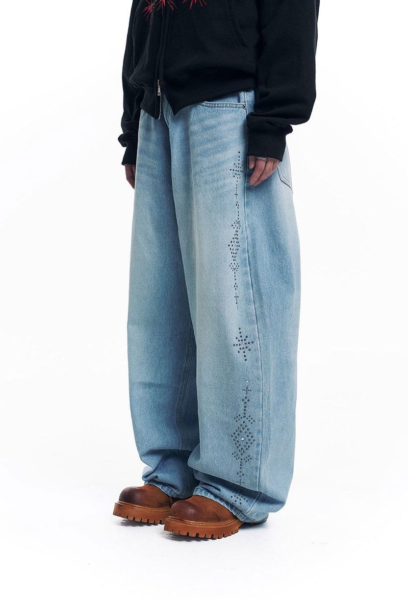 Curved Western Stud Denim Pants - Light Blue