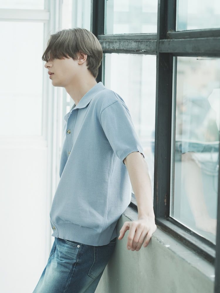 T1015 OPEN SHORT-SLEEVED KNIT_SKYBLUE