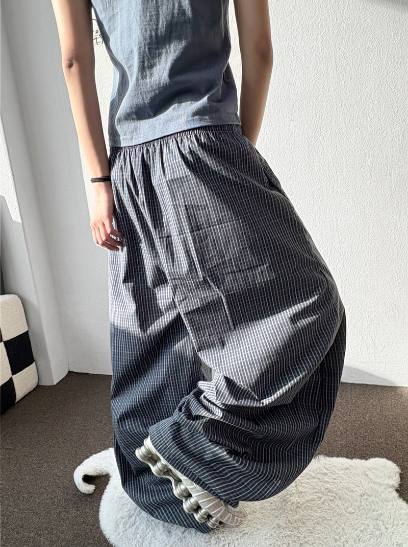 Fluffy Check Elastic Waist Balloon Pants 2Color