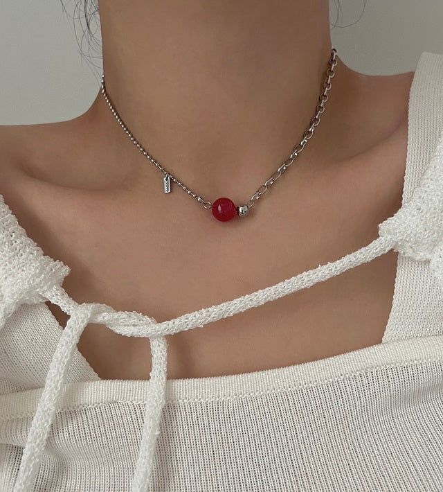 Ret Red Jade Stone Christmas Gift Recommendation Stainless Steel Bold Ball Layered Choker Short Beads Necklace
