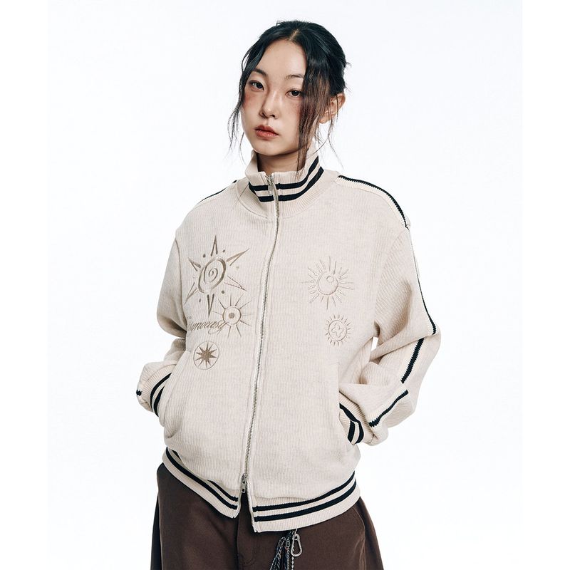 Embroidered Track Zip-Up Knit - Ivory
