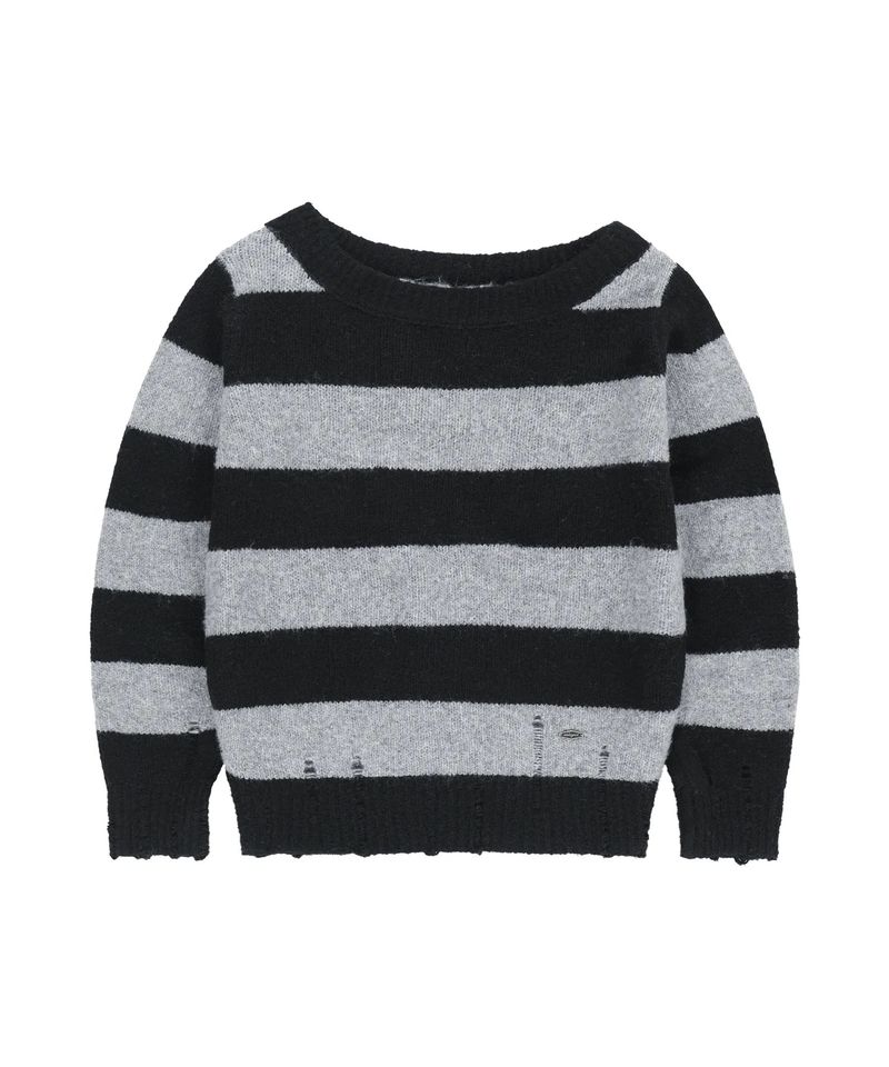 DAMAGED OFF SHOULDER STRIPE KNIT_BLACK