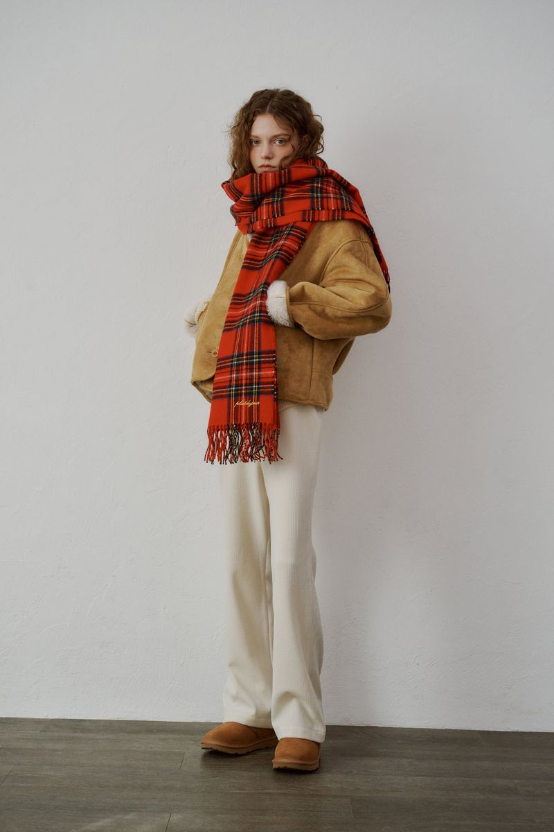Fringe wool muffler (Red check)