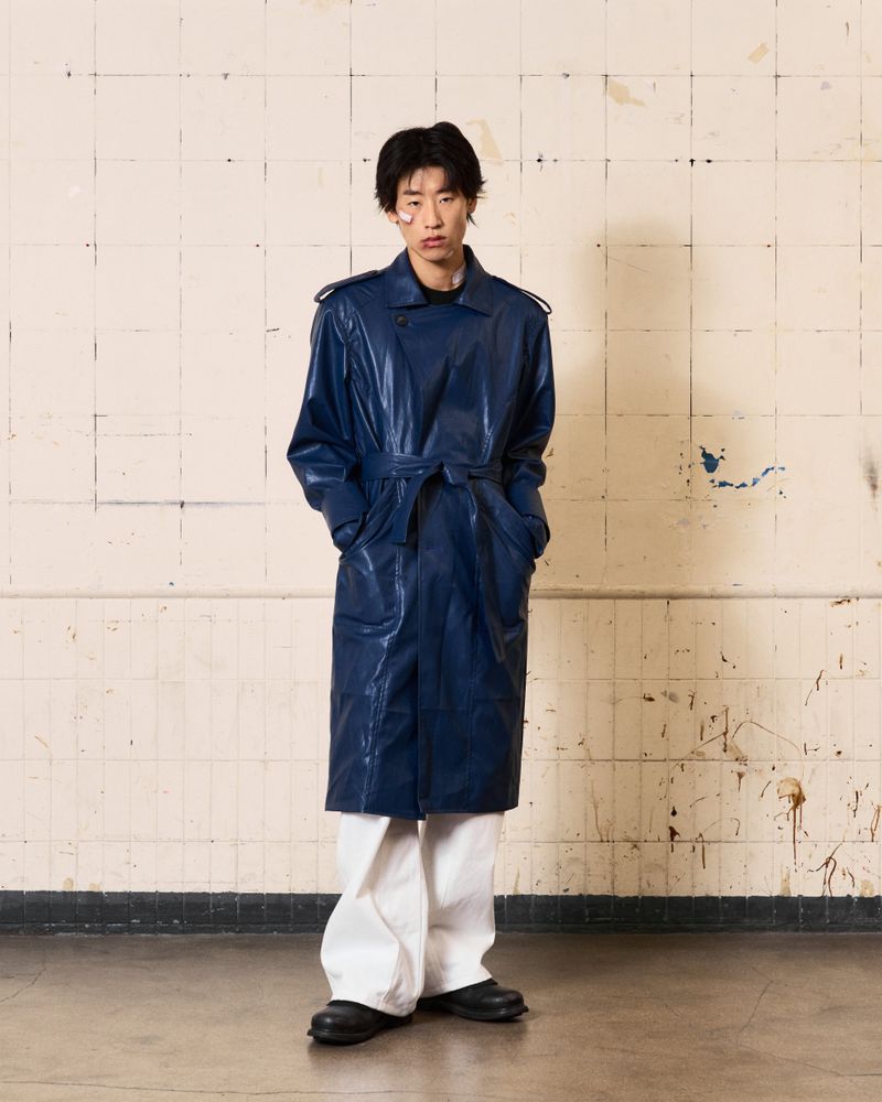 Curved Leather Trench coat (Blue)