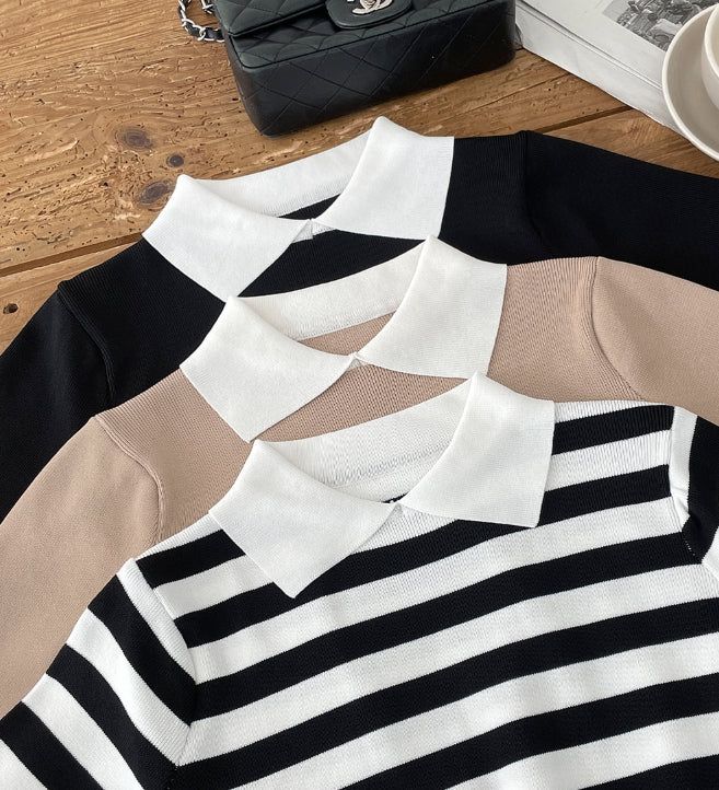Ez Color Matching Button Short Sleeve Collar Knit